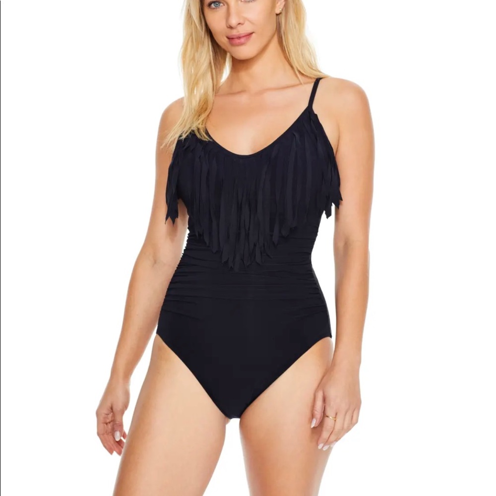 Blaire V-Neck Solid One-Piece Swimsuit w/ Fringe